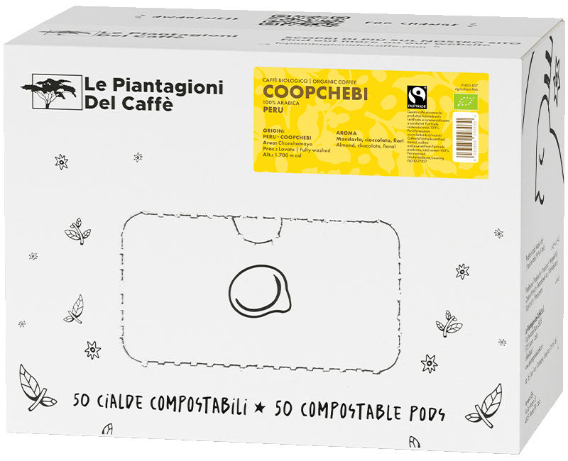 Coopchebi - Pacco di caffè Specialty di Singola Piantagione, Biologico, Fair Trade, 100% Arabica per Espresso dal Perù in formato Box da 50 cialde.