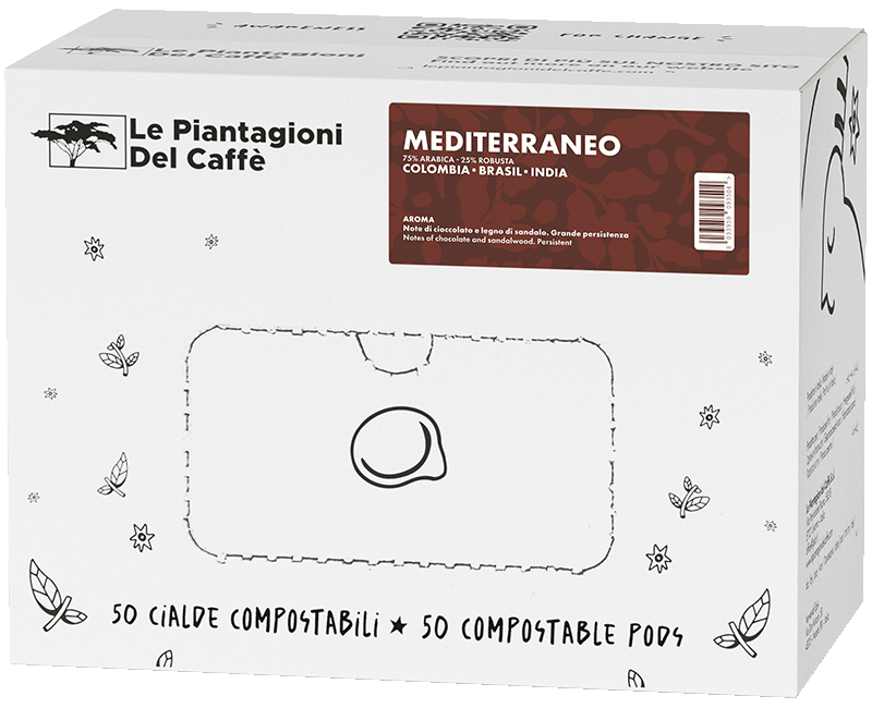 Mediterraneo - Pacco di caffè, miscela, 75% Arabica e 15% Robusta per Espresso dalla Colombia, Brasile ed India in formato Box da 50 cialde